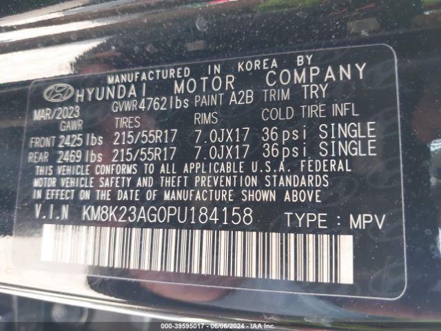 KM8K23AG0PU184158 Hyundai Kona Electric Se