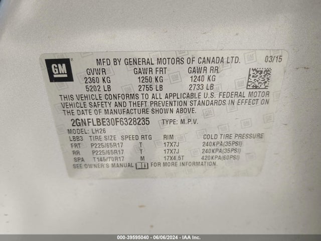 Chevrolet EQUINOX 1LT 2015 2GNFLBE30F6328235 Image 9