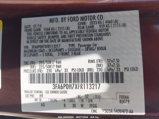 Ford FUSION SE 2015 3FA6P0H7XFR113217 Image 9