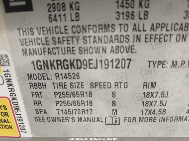 Chevrolet Traverse 1lt 2014 1GNKRGKD9EJ191207 Image 9