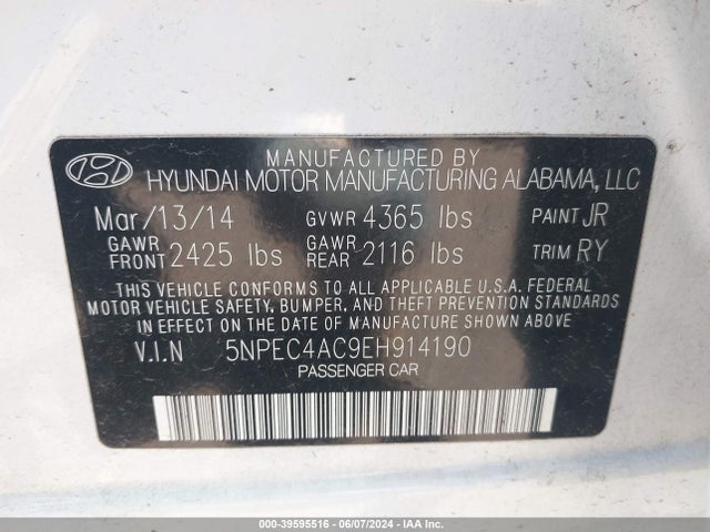 Hyundai SONATA SE 2014 5NPEC4AC9EH914190 Image 9