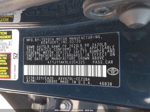 Toyota CAMRY SE 2020 4T1J11AK9LU354325 Image 9