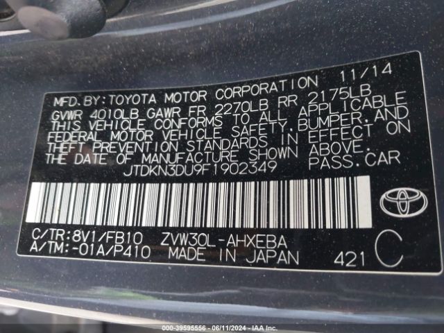 JTDKN3DU9F1902349 Toyota Prius Two