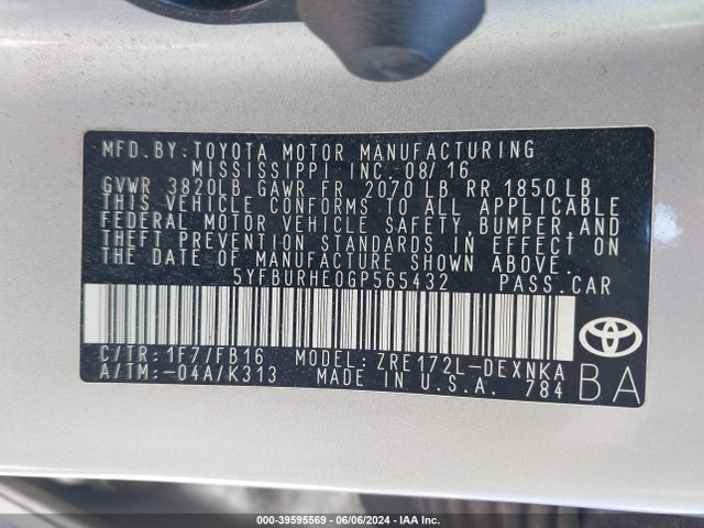 Toyota COROLLA LE 2016 5YFBURHE0GP565432 Image 9