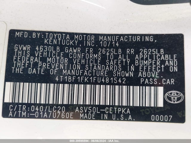 Toyota CAMRY XSE 2015 4T1BF1FK1FU481542 Image 9