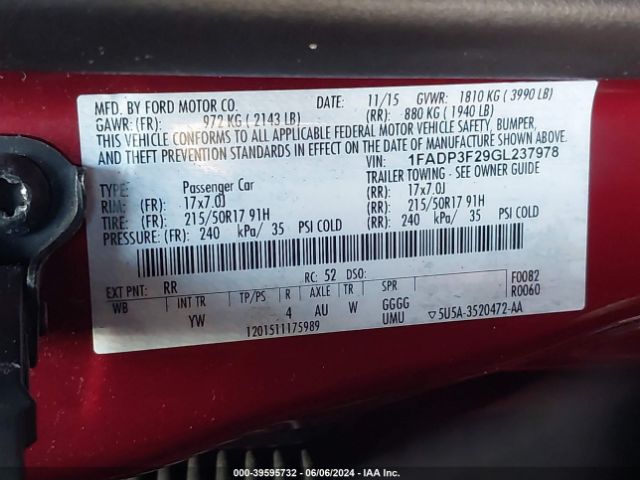 1FADP3F29GL237978 Ford FOCUS SE