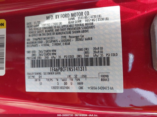 Ford Mustang Gt Premium Fastback 2022 1FA6P8CF1N5141311 Image 9