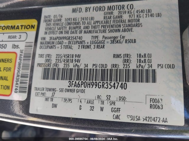 Ford FUSION SE 2016 3FA6P0H99GR354740 Image 9