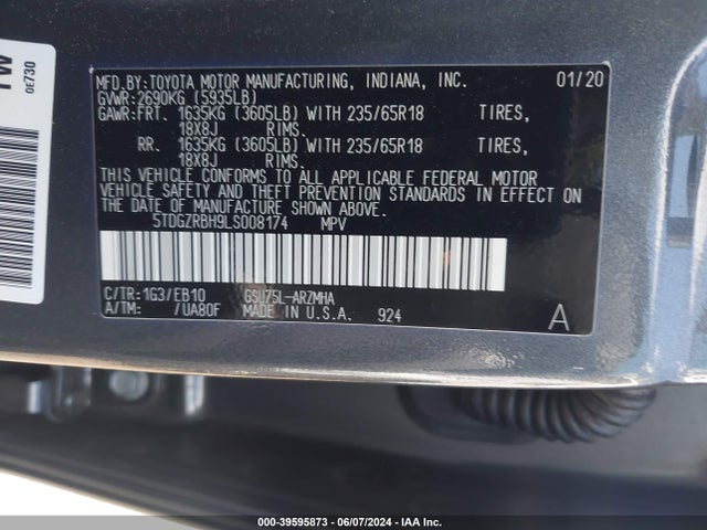 Toyota Highlander Xle 2020 5TDGZRBH9LS008174 Image 9
