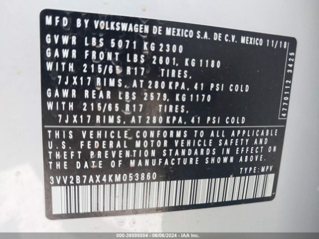 3VV2B7AX4KM053860 Volkswagen Tiguan 2.0t Se/2.0t Sel/2.0t Sel R-line/2.0t Sel R-line Black