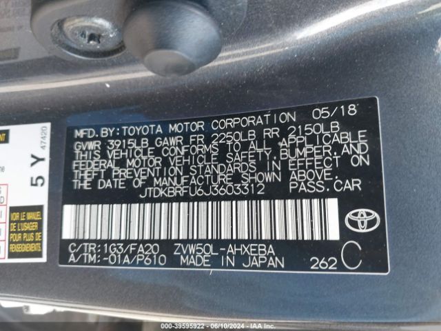 JTDKBRFU6J3603312 Toyota Prius Two