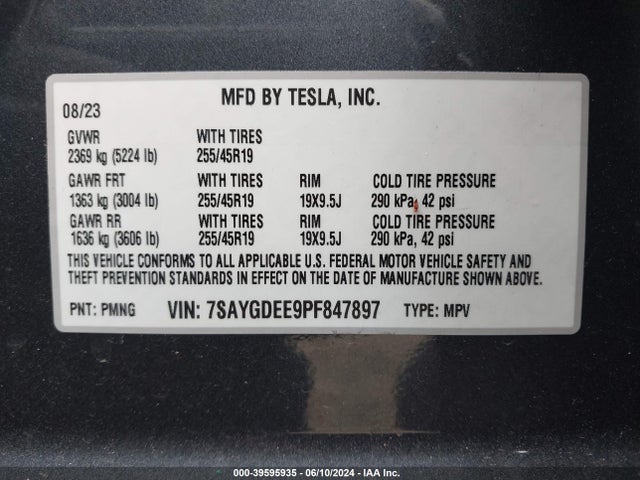 7SAYGDEE9PF847897 Tesla Model Y Awd/long Range Dual Motor All-wheel Drive