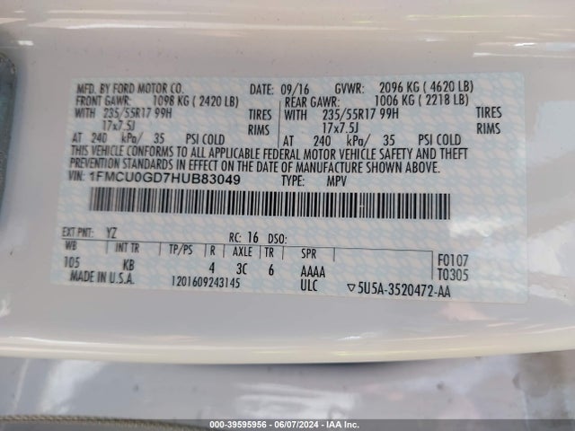 Ford ESCAPE SE 2017 1FMCU0GD7HUB83049 Image 9