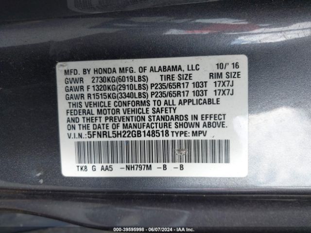 5FNRL5H22GB148518 Honda ODYSSEY LX