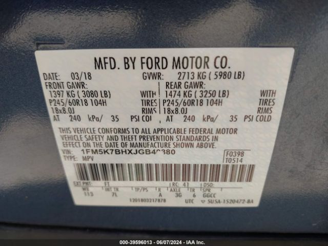 1FM5K7BHXJGB40380 Ford Explorer