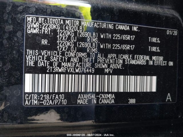 2T3RWRFVXLW076449 Toyota Rav4 Xle Hybrid