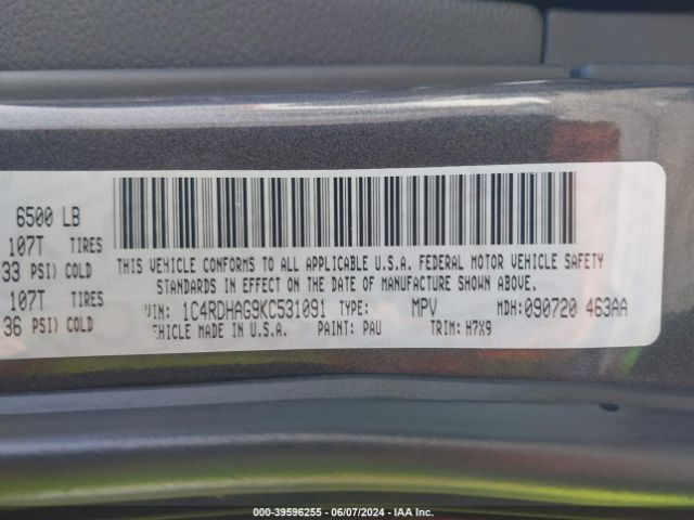 1C4RDHAG9KC531091 Dodge Durango Sxt Plus Rwd