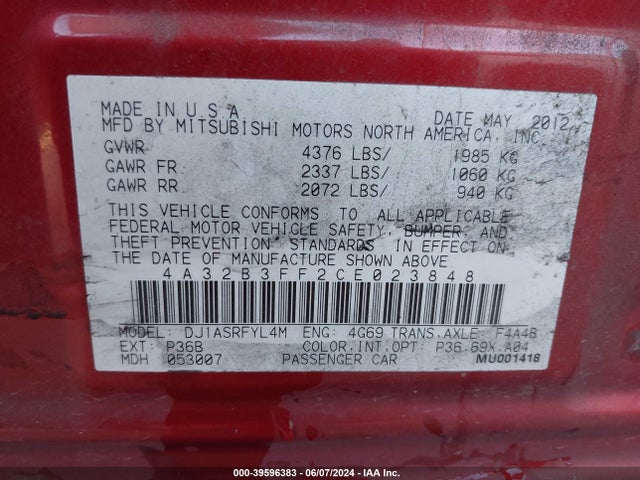 2012 MITSUBISHI GALANT 4A32B3FF2CE023848 Photo 8