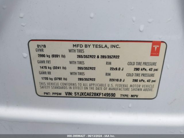 5YJXCAE28KF149590 Tesla Model X 100d/75d/long Range