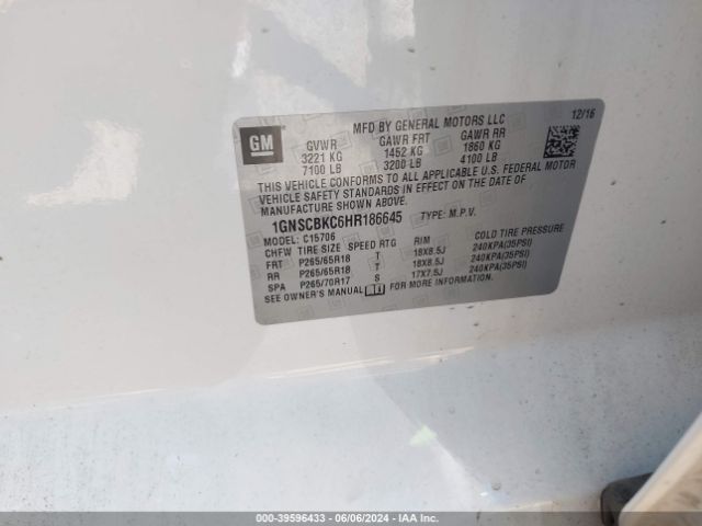 1GNSCBKC6HR186645 Chevrolet Tahoe Lt
