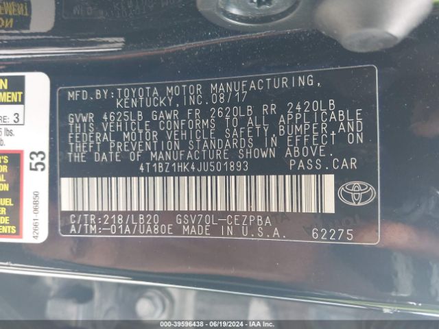 4T1BZ1HK4JU501893 Toyota Camry Xse V6