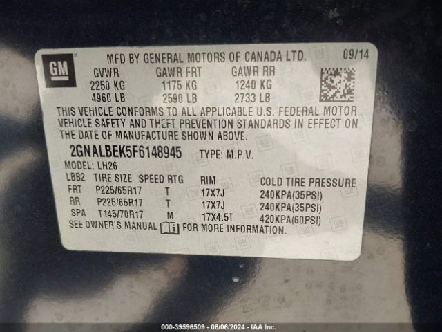 2GNALBEK5F6148945 Chevrolet EQUINOX 1LT