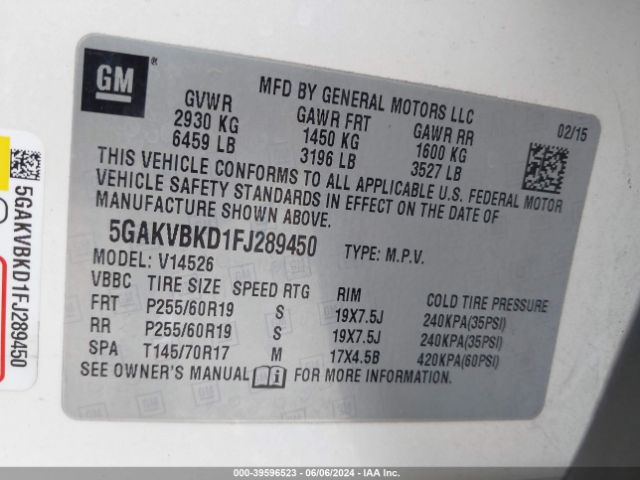 5GAKVBKD1FJ289450 Buick Enclave Leather