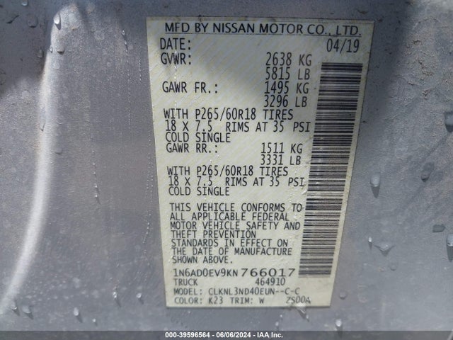 Nissan Frontier Sl 2019 1N6AD0EV9KN766017 Image 9