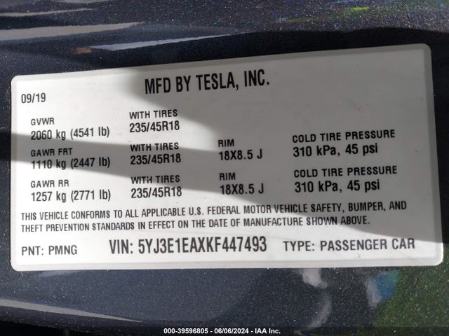 Tesla Model 3 Long Range/mid Range/standard Range/standard Range Plus 2019 5YJ3E1EAXKF447493 Image 9