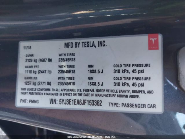 5YJ3E1EA6JF153362 Tesla Model 3 Long Range/mid Range