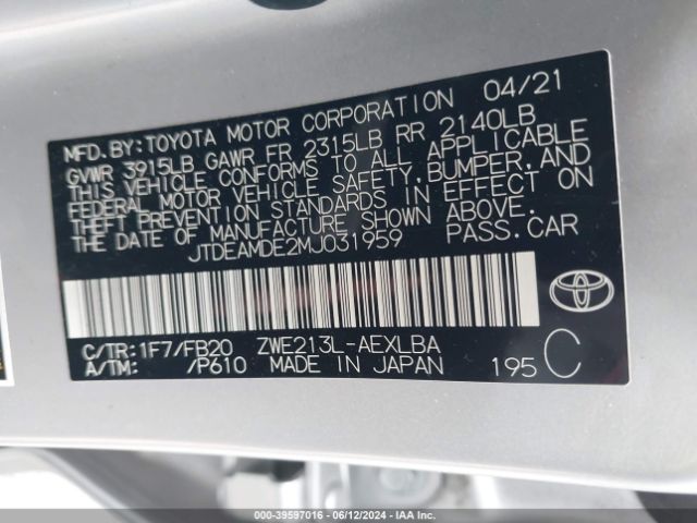 JTDEAMDE2MJ031959 Toyota Corolla Hybrid Le