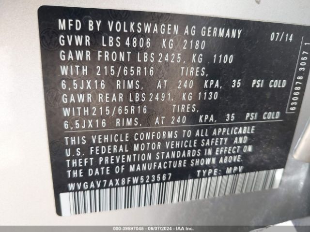 WVGAV7AX8FW523567 Volkswagen TIGUAN S