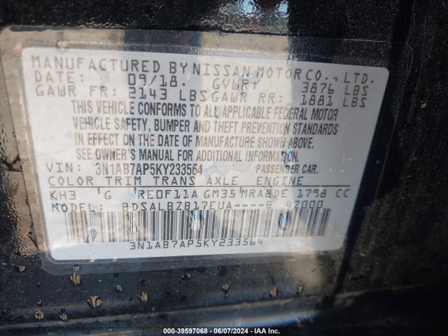 Nissan SENTRA S 2019 3N1AB7AP5KY233564 Image 9