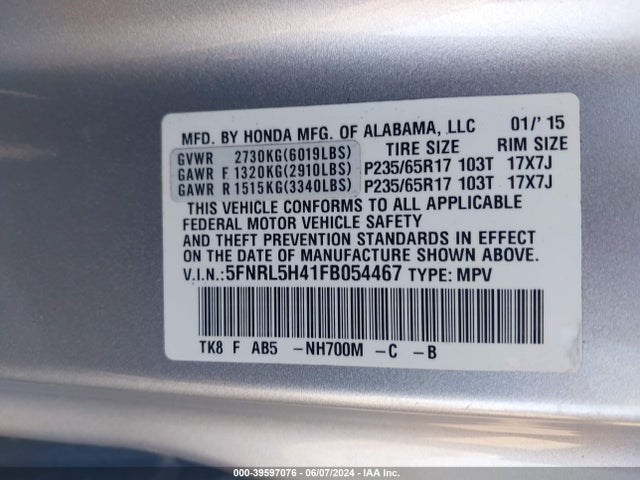 Honda ODYSSEY EX 2015 5FNRL5H41FB054467 Image 9