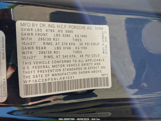 2009 PORSCHE CAYENNE WP1AC29P59LA81031 Photo 8