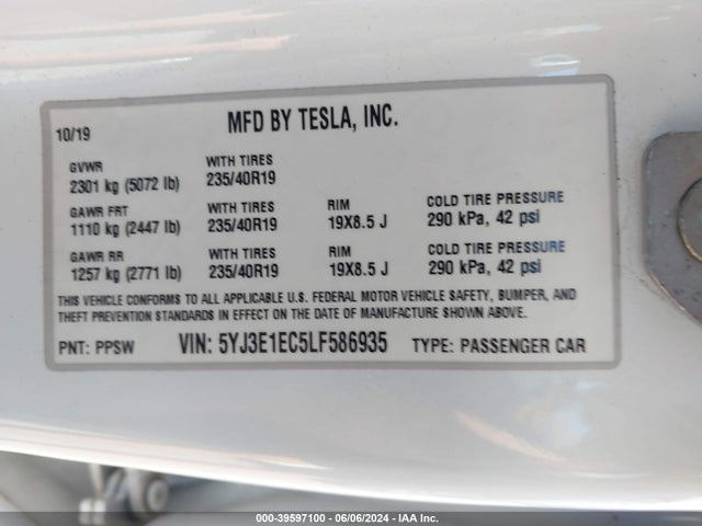 5YJ3E1EC5LF586935 Tesla Model 3 Performance Dual Motor All-wheel Drive