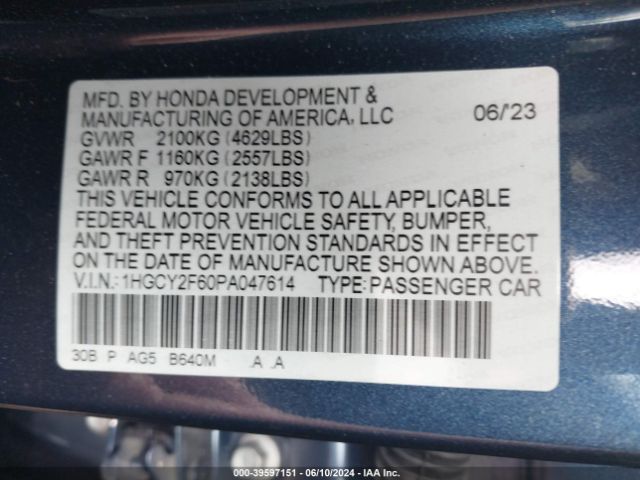 1HGCY2F60PA047614 Honda Accord Hybrid Ex-l