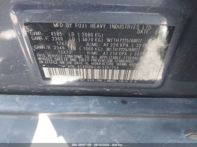 4S4BRBKC4E3307254 Subaru Outback 2.5i Limited