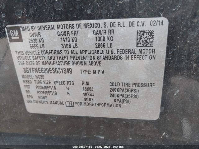 3GYFNEE39ES631349 Cadillac Srx Luxury Collection