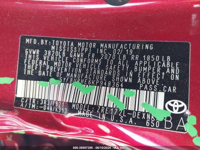 Toyota COROLLA LE 2019 5YFBURHE6KP948364 Image 9