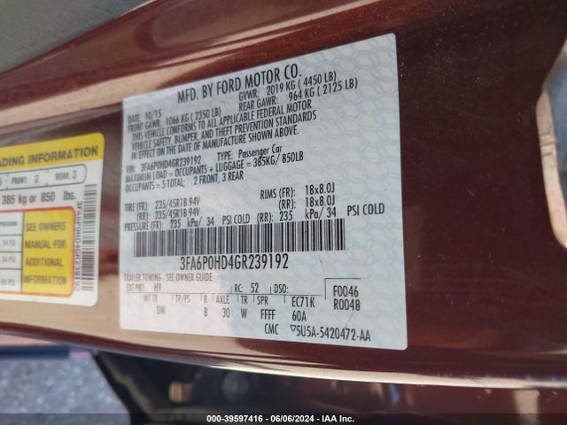 Ford FUSION SE 2016 3FA6P0HD4GR239192 Image 9