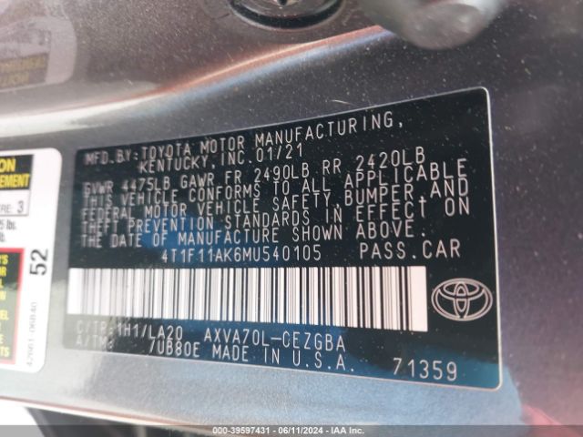 4T1F11AK6MU540105 Toyota CAMRY XLE