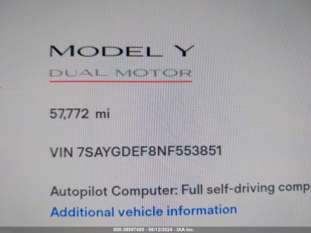 7SAYGDEF8NF553851 Tesla Model Y Performance Dual Motor All-wheel Drive