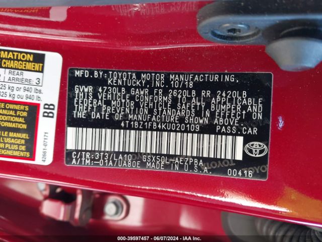 4T1BZ1FB4KU020109 Toyota AVALON LIMITED
