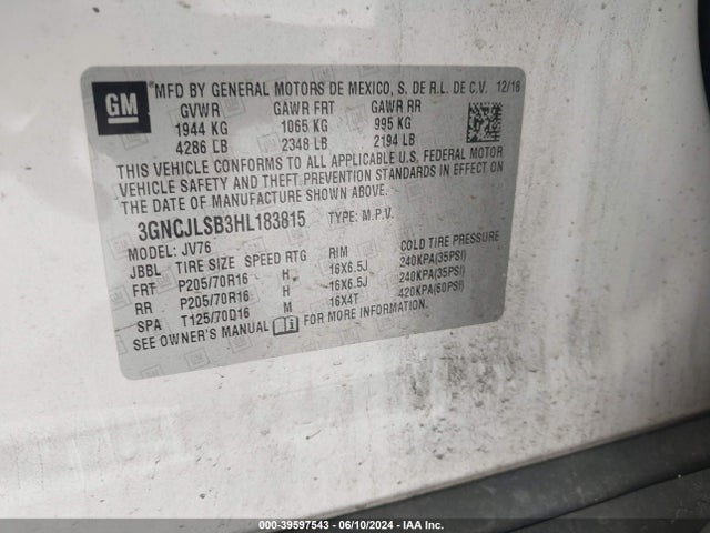 Chevrolet Trax Lt 2017 3GNCJLSB3HL183815 Image 9