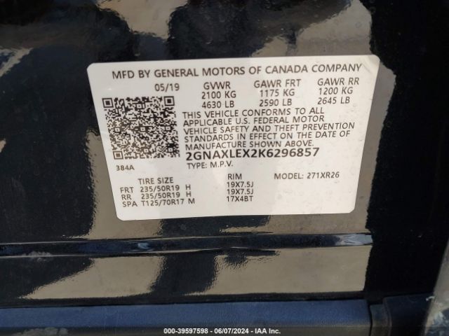2GNAXLEX2K6296857 Chevrolet EQUINOX LT