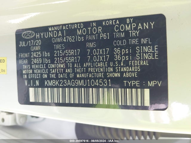 KM8K23AG9MU104531 Hyundai Kona Electric Sel