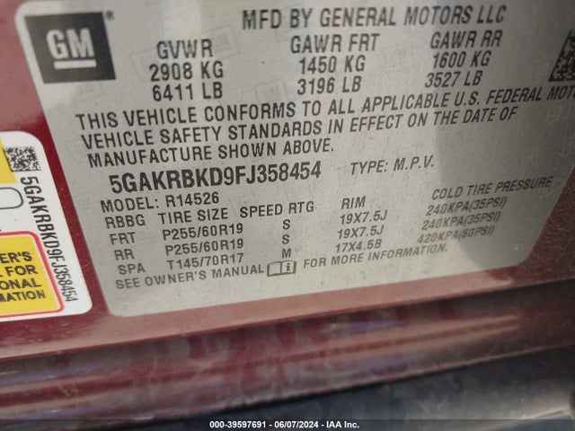 Buick Enclave Leather 2015 5GAKRBKD9FJ358454 Image 9