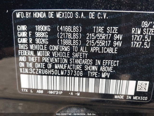 Honda Hr-v Awd Ex 2020 3CZRU6H50LM737306 Image 9