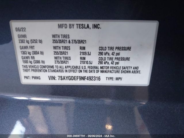 7SAYGDEF9NF492316 Tesla Model Y Performance Dual Motor All-wheel Drive